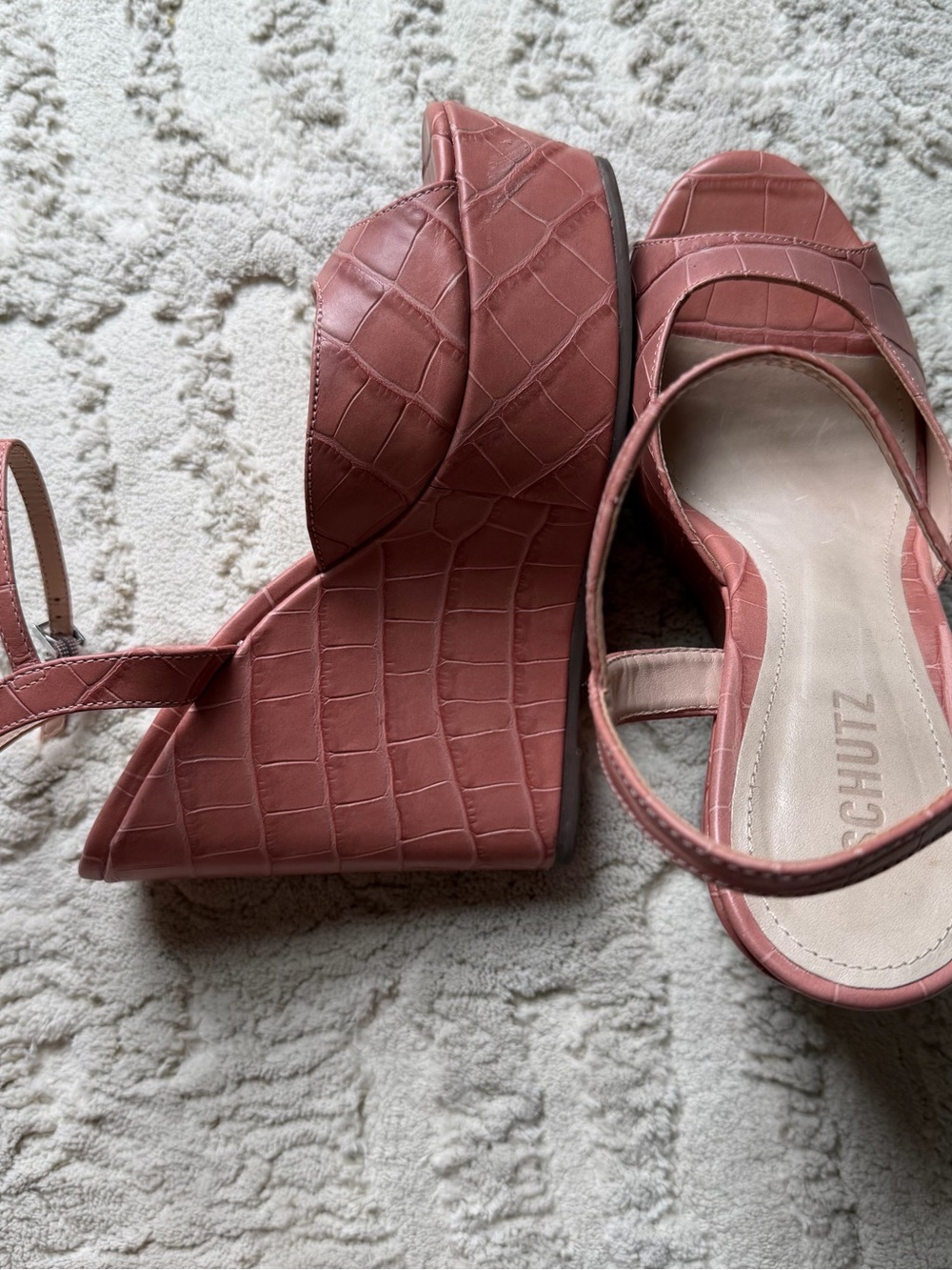 SCHUTZ Croc-Embossed Mauve Pink Platform Wedge Sandals
